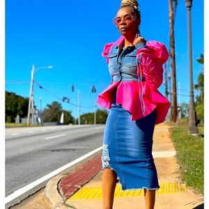 Denim Scrunch Sleeve Blouse Long Sleeve